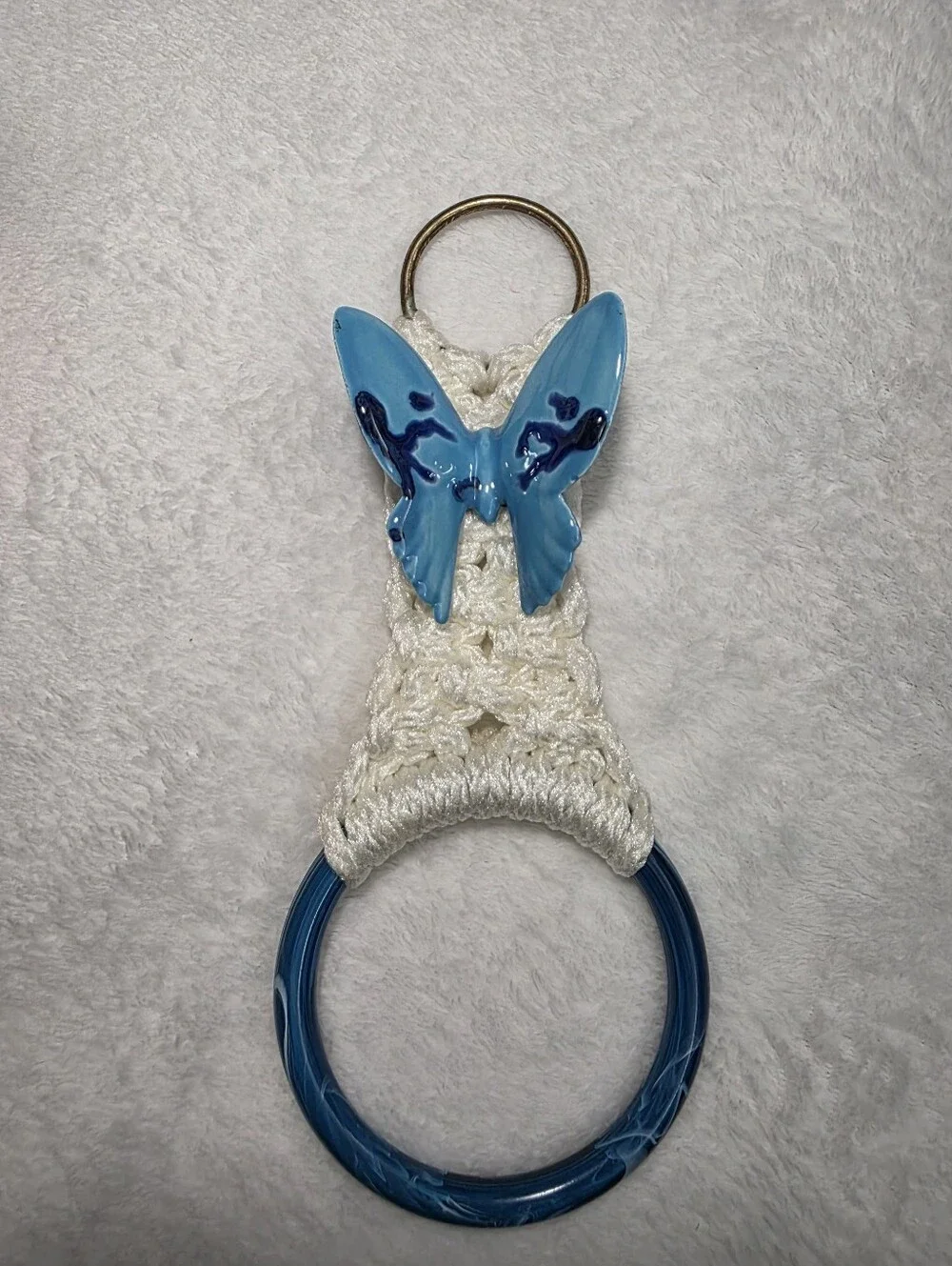Pair Of Vintage Macrame Kitchen Towel Holders With Butterfly Accents Orange Blue